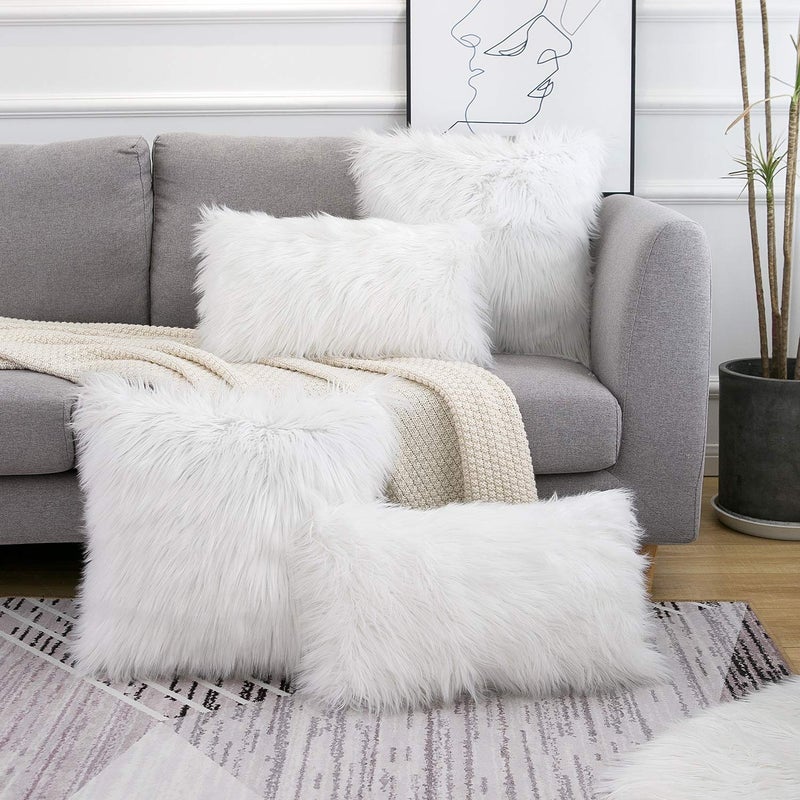 WLNUI Set of 2 White Decorative Fluffy Pillow Covers New Luxury Series Merino Style Faux Fur Throw Pillow Covers Square Fuzzy Cushion Case Spring Easter Home Decor 16x16 Inch - Image 2